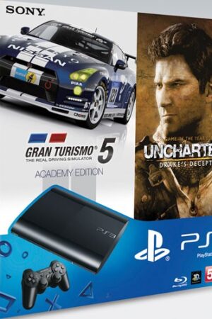 PS3 - Konsole Super Slim 500GB #schwarz + Uncharted Drakes Deception + GT5 Academy Edition + Original Controller (mit OVP) (gebraucht)