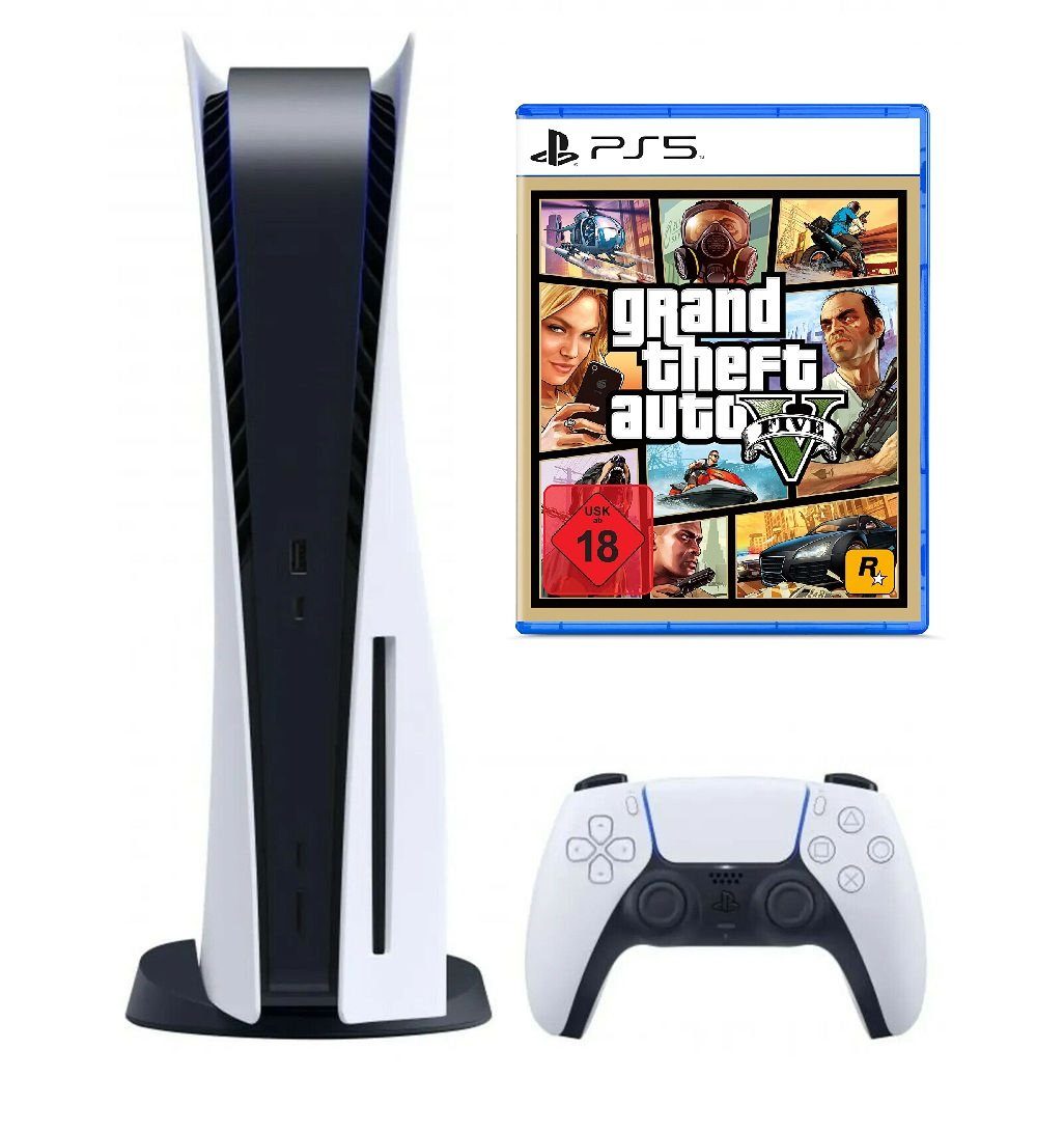 Playstation Sony Playstation 5 Konsole Disk Laufwerk + GTA V PS5 Spiel, Blu-ray Disc Version - Playstation Bundle Set