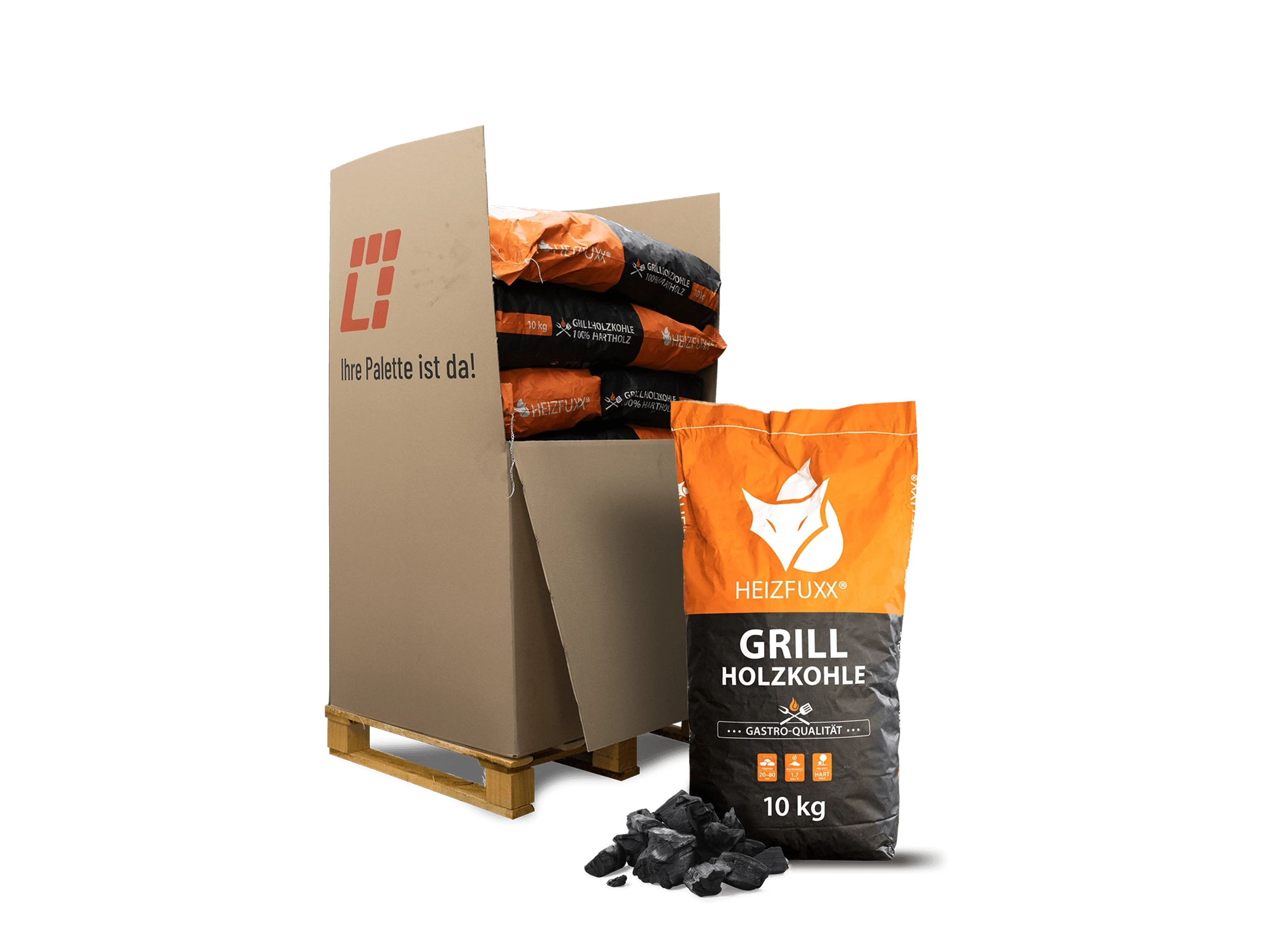 Heizfuxx Grillholzkohle Gastro-qualität 10kg x 12 Sack 120kg Palette